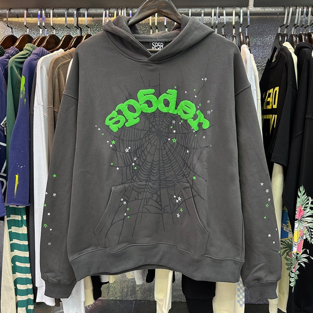 Sp5der Charcoal Hoodie with Neon Green Design